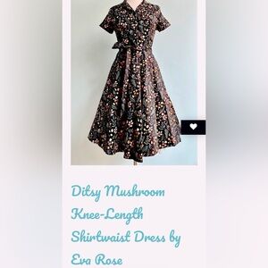 Black Ditsy Mushroom Print Shirtwaist Dress by Eva Rose